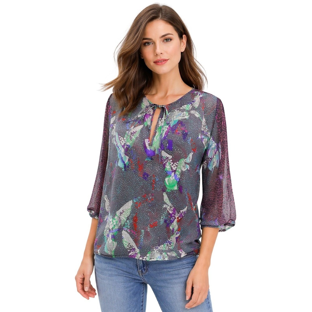 Custo Barcelona Womens Abstract Print Keyhole Tie‎ Neck Chiffon Blouse 4 Flaw